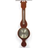 Georgian style inlaid mahogany banjo barometer with thermometer, 97cm high