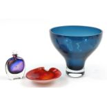 Art glassware including a large Scandinavian design vase and a purple cased scent bottle, the