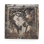 Quentin Bell, 1970's scraffito tile of a female's head, 10cm x 10cm