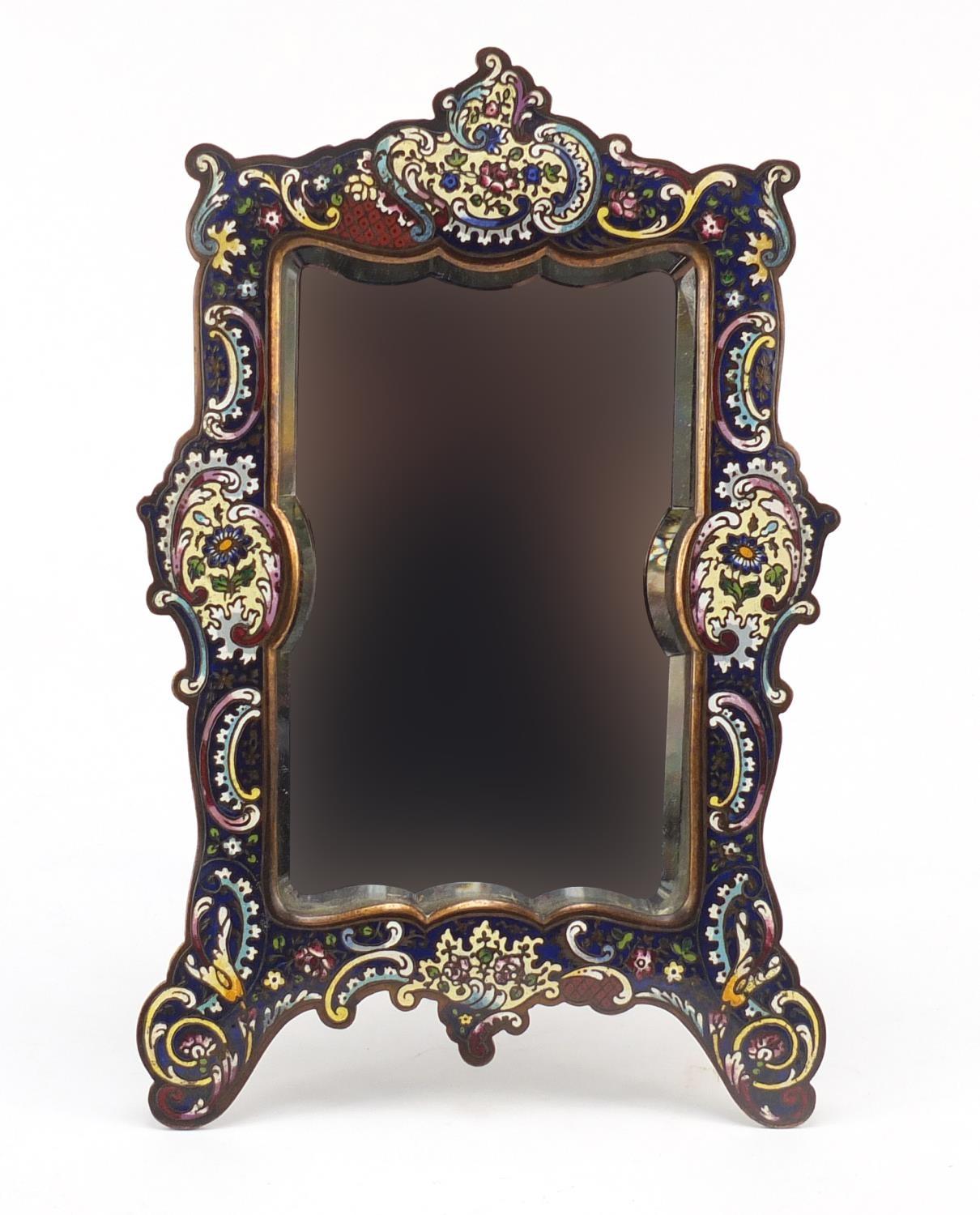 French Champlevé easel mirror with bevelled plate, enamelled with stylised flowers and C scrolls,