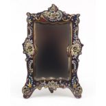 French Champlevé easel mirror with bevelled plate, enamelled with stylised flowers and C scrolls,