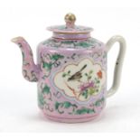 Chinese porcelain Peranakan Straits type teapot hand painted with birds amongst flowers, 12cm high
