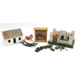 Hand built wooden fort, farm building and a diorama, the fort 37cm wide