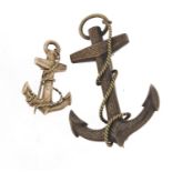 Two silver anchor brooches, 5.5cm and 3cm high, 10.6g