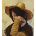 Young girl wearing a yellow hat, oil on board, bearing a signature Julian M Stralich? oil on