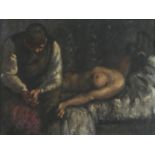 Man beside a nude female in an interior, Camden school oil on board, framed, 39cm x 29cm excluding