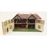Hand built wooden doll's house with contents, 41cm H x 68cm W x 27cm D
