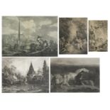 Five 18th century French and English engravings, including examples titled The Forester in Search of