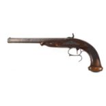 19th century percussion cap pistol with octagonal barrel, carved walnut grip and engraved mounts,