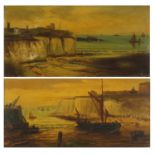 J Williamson - Coastal scenes with moored boats, pair of 19th century oil on canvasses, framed, each