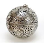 Chinese silver coloured metal globular gimbal incense burner, 5.5cm in diameter