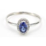 9ct white gold sapphire and diamond ring, size N, 0.8g