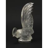 Large Lalique frosted and clear glass cockerel mascot with label, etched Lalique France, 21cm high