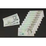 Eleven Bank of England five pounds notes, each Chief Cashier G M Gill including two with consecutive