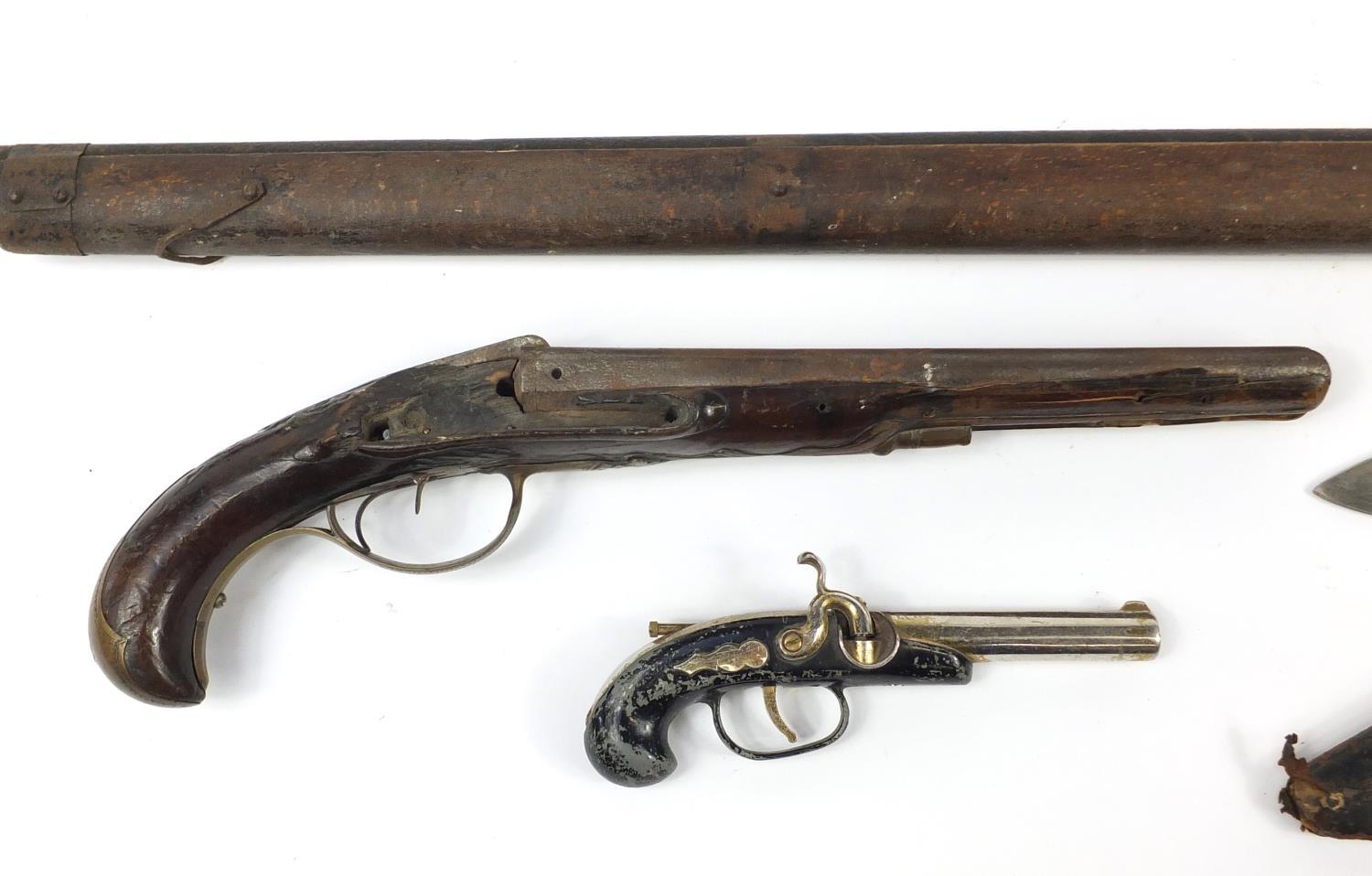 19th century double barrel pistol, Gurkha's kukri knife, percussion cap rifle and a gun design - Image 3 of 6