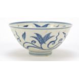 Chinese blue and white porcelain footed bowl hand painted with flowers, six figure character marks