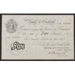 Bank of England white five pound note, Chief Cashier K O Peppiatt, dated 14th June 1945, serial