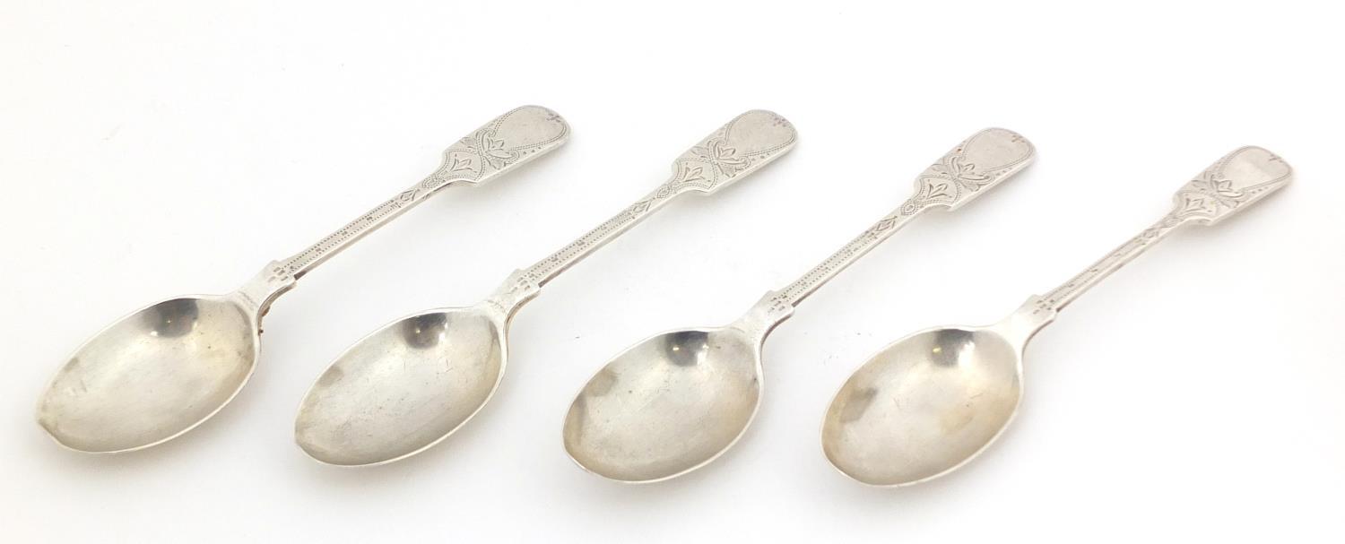 Francis Howard Ltd, set of four silver teaspoons with engraved decoration, Sheffield 1947, 13cm in