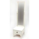 White painted wood cheval mirror with drawer to the base, 146cm high