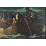 Fishermen bringing in the catch, oil on board, framed, 71cm x 50cm
