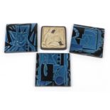 Three German tiles by Sinzig and a Danish example by Nyllested Keramik, the largest each 15cm x 15cm