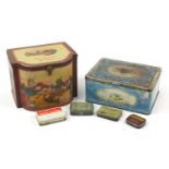 Six vintage advertising tins including Old English Work box and Bluebird Confectionary, the