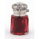 Charles May & Sons, Victorian cranberry glass scent bottle with silver lid, Birmingham 1896, 4.5cm