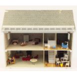 Hand built wooden doll's house with contents, 55cm H x 66cm W x 36cm D