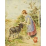 Manner of Myles Birket Foster - Young girl with a goat, early 20th century watercolour, mounted,