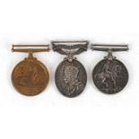 British military World War I three medal group comprising 1914-18 War medal and Mercantile Marine