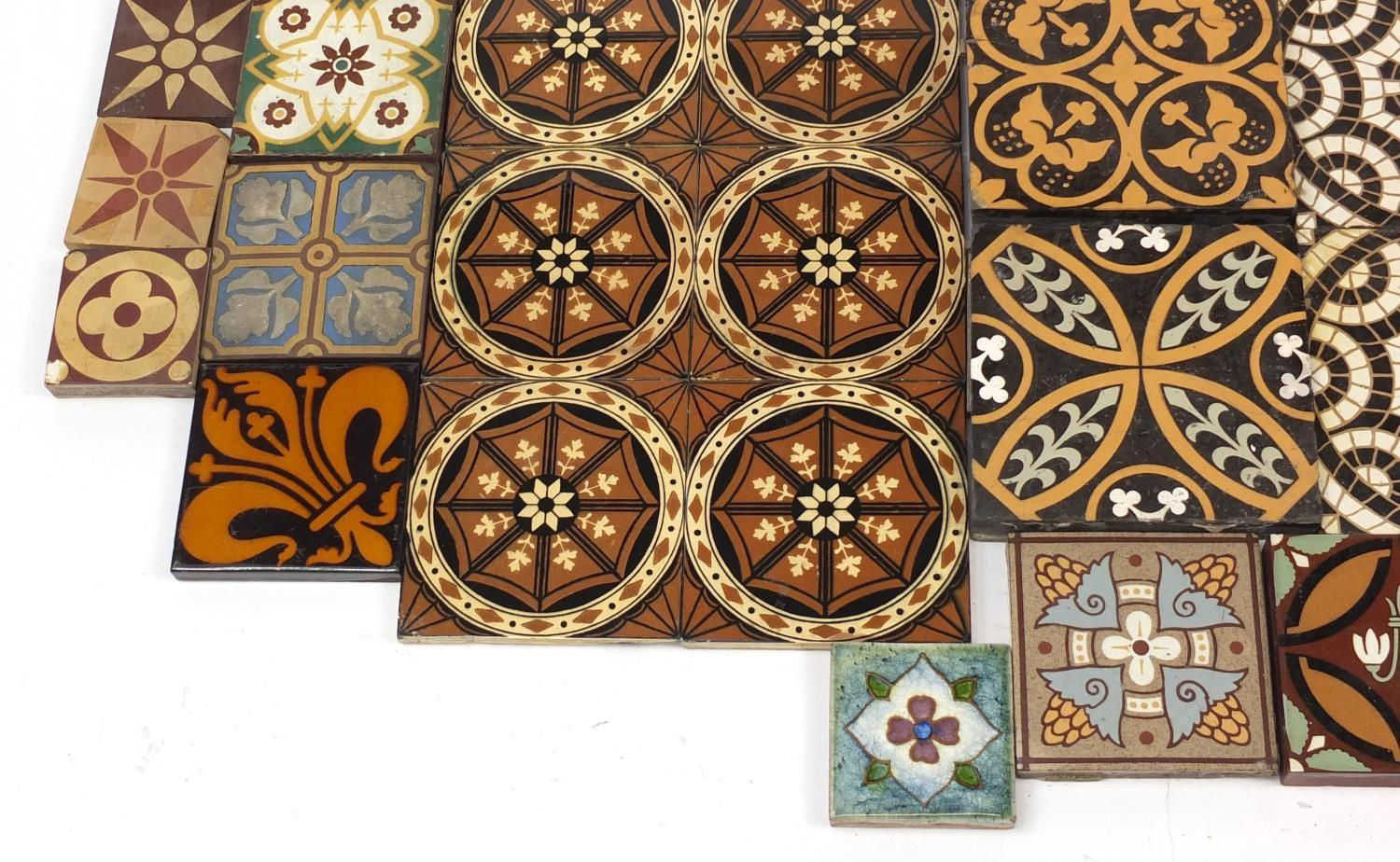 Victorian encaustic tiles including seven by William Godwin, set of eight by Minton and Campbell - Image 4 of 9