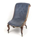 Victorian mahogany framed bedroom chair with blue button back upholstery, 90cm high