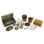 Antique and later objects including 800 grade silver pocket watch, silver lids, pewter tobacco box
