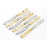Set of six Japanese Shibayama ivory handled knives with silver plated blades, each inlaid with