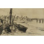 Charles John Watson 1819 - Chelsea, moored fishing boats, black and white etching, mounted, framed
