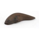 Japanese patinated bronze catfish, impressed character marks to the base, 5.5cm in length