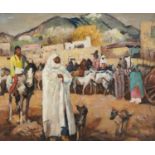Native American village scene with farmers and figure on horseback, oil on board, framed, 59.5cm x