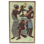 1970's fifteen tile panel hand painted with three African females playing an olifant, signed