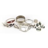 Silver and white metal jewellery including a sterling bangle engraved with a swan, earrings and