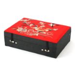 Chinese silk jewellery box with lift out interior, embroidered with birds amongst flowers, 8.5cm H x