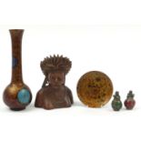 Chinese wood and metalware including a lacquered vase, dish and carved wood bust, the largest 29cm