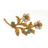 9ct gold turquoise and seed pearl floral brooch, 3.6cm wide, 4.5g