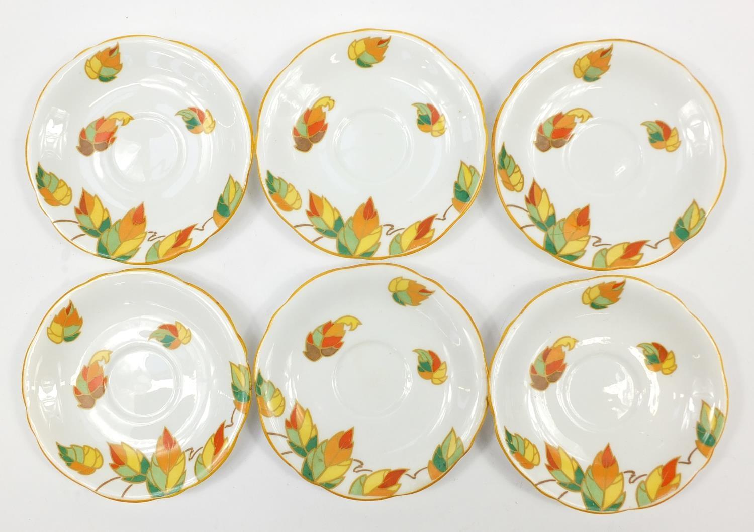 Foley china, set of six Art Deco Autumn leaf cups and saucers, each saucer 12cm in diameter - Image 7 of 18