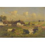 Mark Osman Curtis - Farm buildings with cattle, oil on canvas, inscribed verso, framed, 63cm x 43.