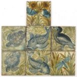 Attributed to William de Morgan, seven Arts & Crafts tiles, hand painted with stylised animals and