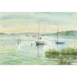 Moored boats, watercolour bearing an indistinct signature, possibly Pamela Hewry, mounted, framed