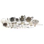 Metalware including three piece teaset, silver plated wine coaster, chamber stick and cutlery