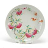 Chinese porcelain shallow dish hand painted in the famille rose palette with bats amongst peaches,