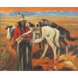 Native American with horses, oil on board, framed, 59.5cm x 49.5cm excluding the frame