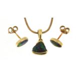 18ct gold black opal pendant and matching earrings, the pendant 1.6cm in length, total 6.7g